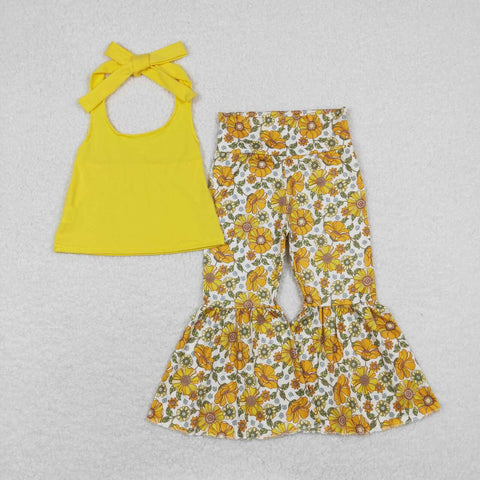 GSPO1430 baby girl clothes yellow floral girl bell bottoms outfit