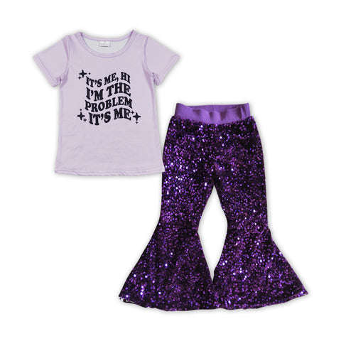 GSPO1456 baby girl clothes 1989 singer purple girl sequin bell bottom pant set