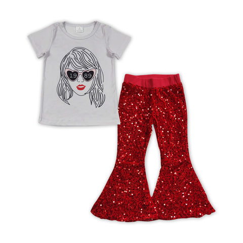 GSPO1457 baby girl clothes 1989 singer red girl sequin bell bottom pant set