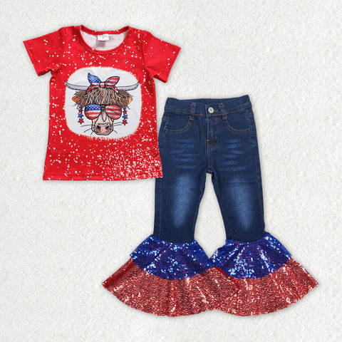GSPO1621  baby girl clothes 4th of July patriotic girl  bell bottoms jeans outfits