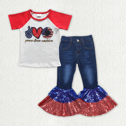 GSPO1622 baby girl clothes 4th of July patriotic girl  bell bottoms jeans outfits