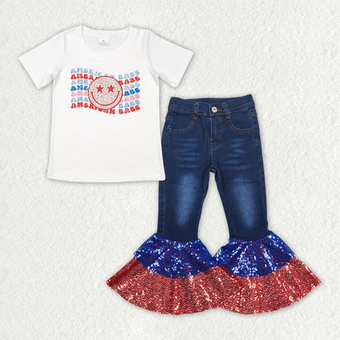 GSPO1624 baby girl clothes 4th of July patriotic girl  bell bottoms jeans outfits