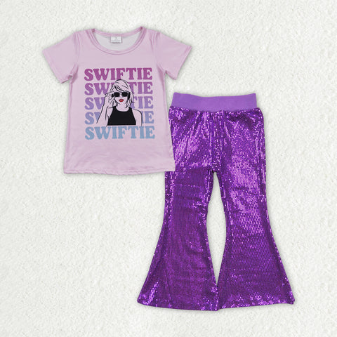 GSPO1707 baby girl clothes 1989 singer purple girl sequin bell bottom pant set