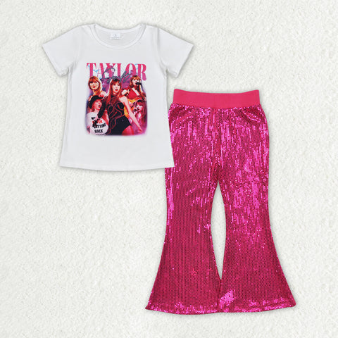 GSPO1709 baby girl clothes 1989 singer pink girl sequin bell bottom pant set