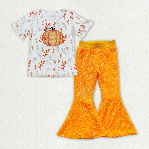 GSPO1729 baby girl clothes embroidered pumpkin girl sequin bell bottom pant set