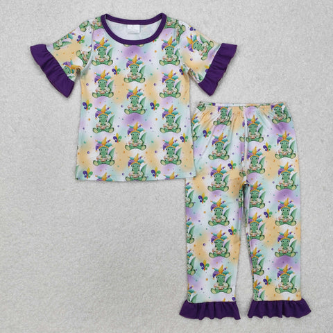 GSPO1766    toddler girl clothes dino girl mardi gras pajamas set