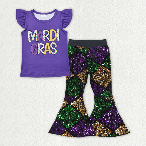 GSPO1831 baby girl clothes girl mardi gras outfit toddler purple sequin pant set party wear