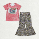 GSPO1839  toddler girl clothes horse leopard print girl bell bottom pant set