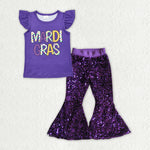 GSPO1937 baby clothes purple sequin girls bell bottom  pants set girl mardi gras clothes