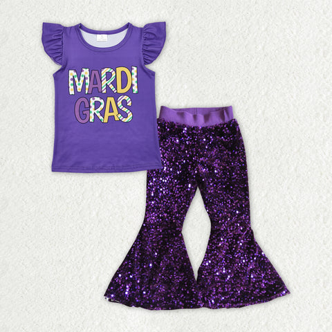 GSPO1937 baby clothes purple sequin girls bell bottom  pants set girl mardi gras clothes