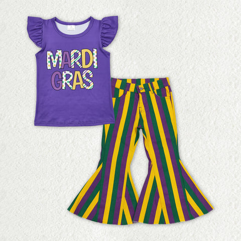 GSPO1938 baby girl clothes purple girl bell bottoms jeans outfits girls mardi gras set