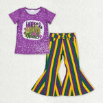 GSPO1939 baby girl clothes purple girl bell bottoms jeans outfits girls mardi gras set