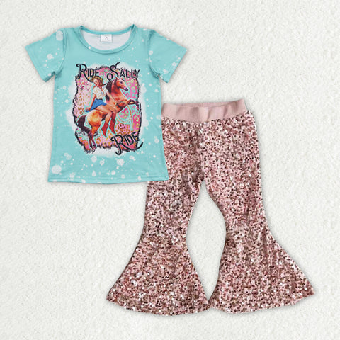 GSPO1965 baby girl clothes cowgirl girls sequin bell bottom pant set