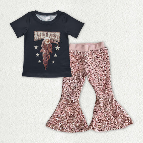 GSPO1966 baby girl clothes cowgirl girls sequin bell bottom pant set