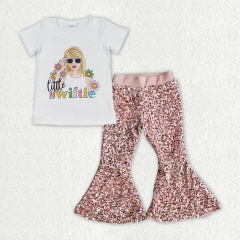 GSPO1967 baby girl clothes 1989 singer girls sequin bell bottom pant set