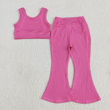 GSPO2002  toddler girl clothes hot pink girl bell bottom pant set yoga clothes