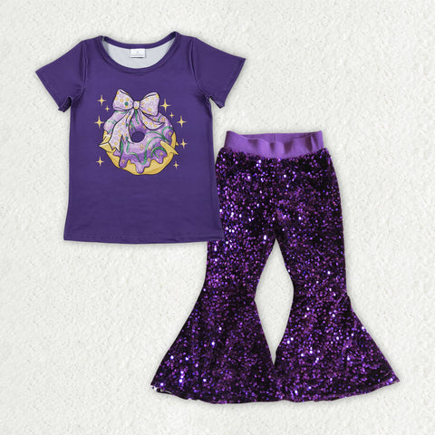 GSPO2158 toddler girl clothes donut print girl mardi gras sequins bell bottom pant set