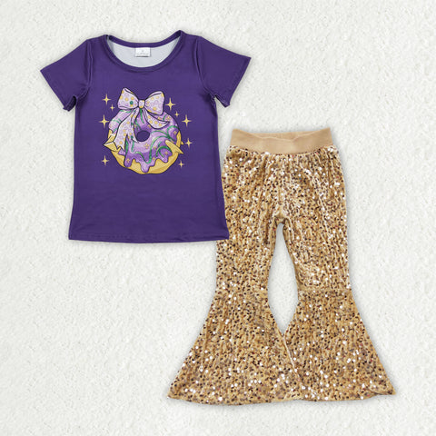 GSPO2159 toddler girl clothes donut print girl mardi gras sequins bell bottom pant set