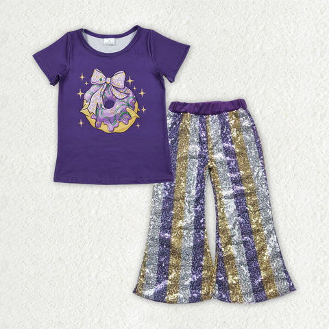 GSPO2160 toddler girl clothes donut print girl mardi gras sequins bell bottom pant set