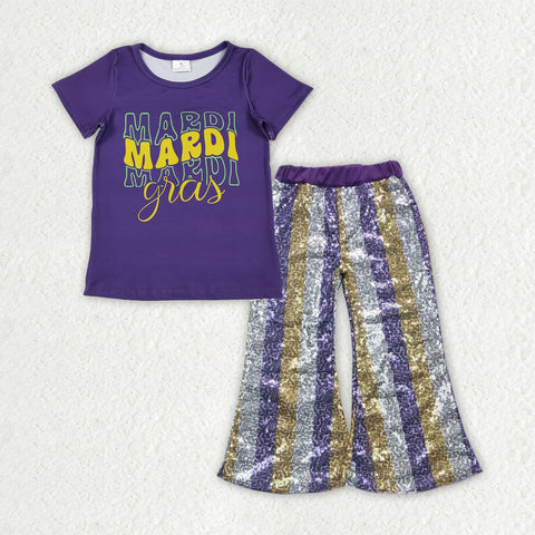GSPO2162 toddler girl clothes girl mardi gras sequins bell bottom pant set