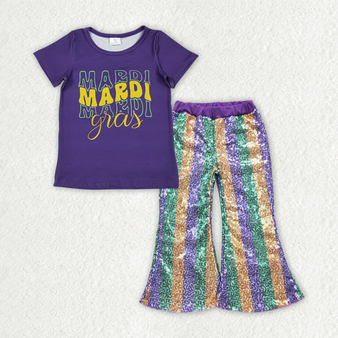 GSPO2163 toddler girl clothes girl mardi gras sequins bell bottom pant set