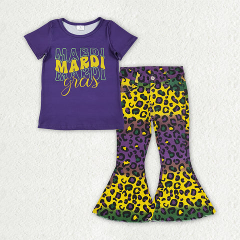 GSPO2166 toddler girl clothes girl mardi gras jeans bell bottom pant set