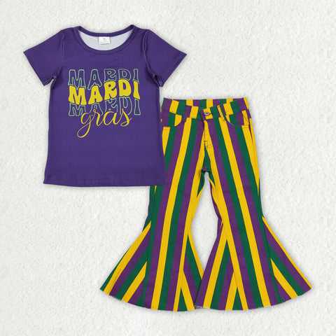 GSPO2167 toddler girl clothes girl mardi gras jeans bell bottom pant set