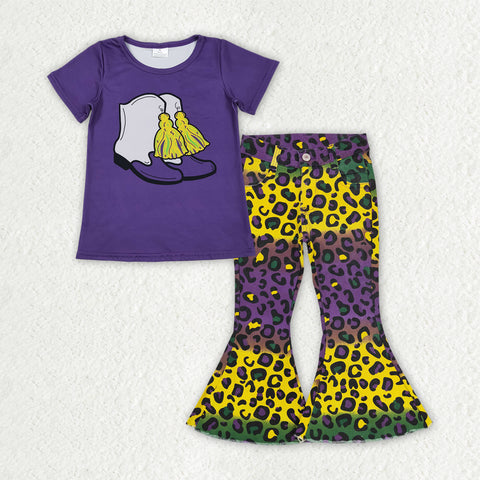 GSPO2168 toddler girl clothes girl mardi gras jeans bell bottom pant set