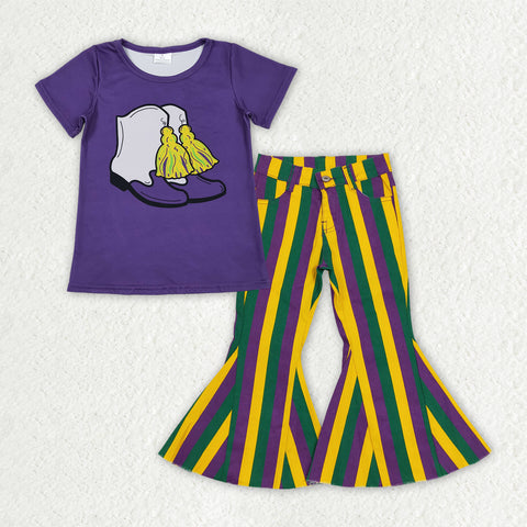 GSPO2169 toddler girl clothes girl mardi gras jeans bell bottom pant set