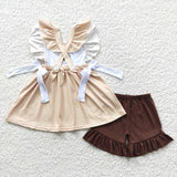 Cow embroidery baby girls brown shorts set