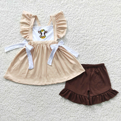 Cow embroidery baby girls brown shorts set