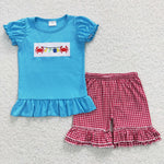 Crab embroidery baby girls blue plaid short set