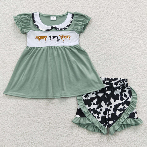 Cows embroidery toddler girls green ruffle outfit