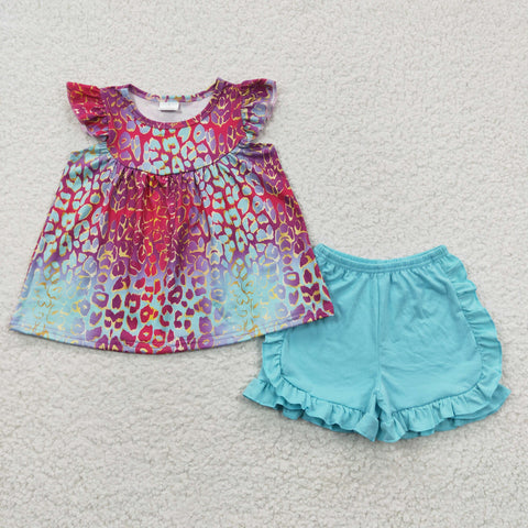 Kids girls leopard blue shorts outfit