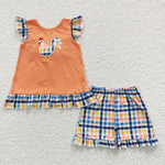 Baby girls rooster applique orange short set