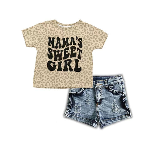 Mama's sweet girl leopard shirt denim short outfit