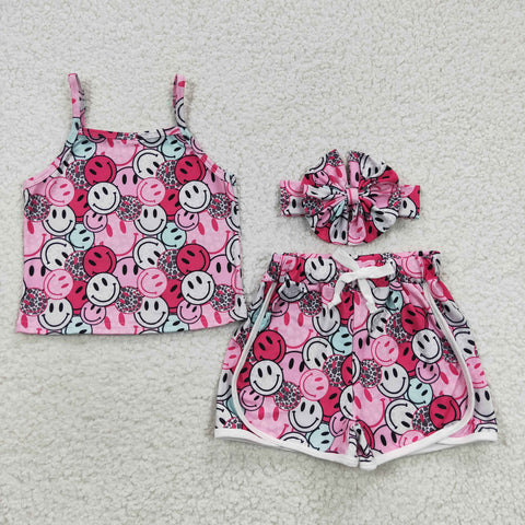 Toddler smile pattern girls cute short set with headband