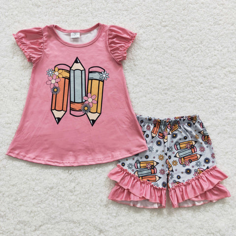 Pencil back to school girls pink short outfit