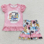 Back to school girls pink cartoon short set