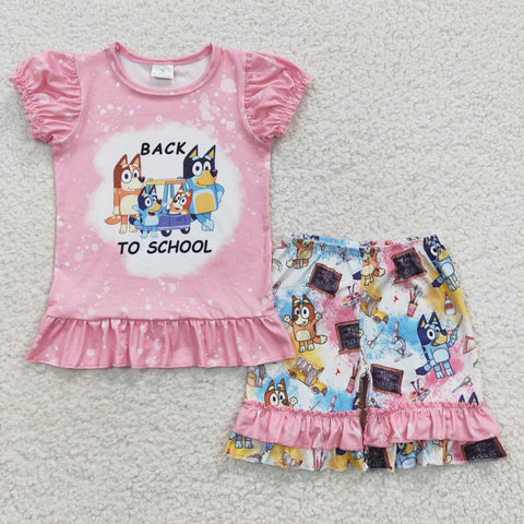 Back to school girls pink cartoon short set