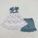 GSSO0562 baby girl clothes blue flowers girl summer outfits