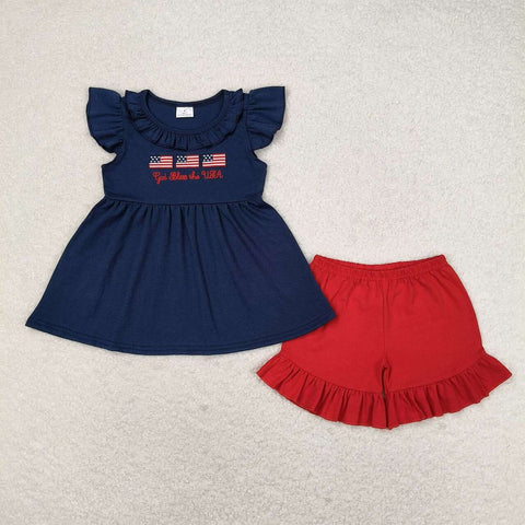 GSSO0805 baby girl clothes embroidery 4th of July patriotic toddler girl summer outfits