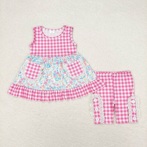 GSSO0813 baby girl clothes floral gingham toddler girl summer outfits