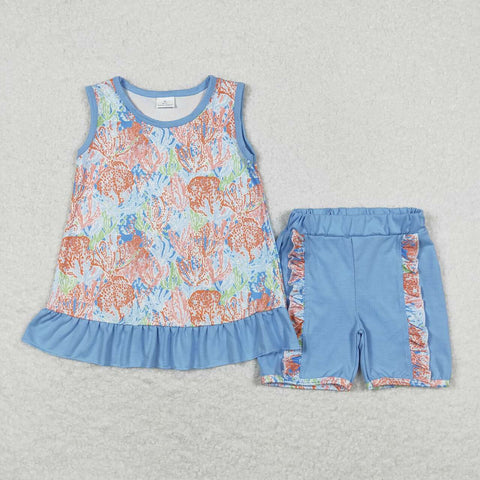 GSSO0831 baby girl clothes blue print toddler girl summer outfits