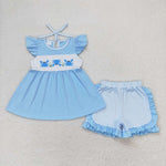 GSSO0927   baby girl clothes crab blue stripes toddler girl summer outfit