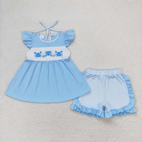 GSSO0927   baby girl clothes crab blue stripes toddler girl summer outfit