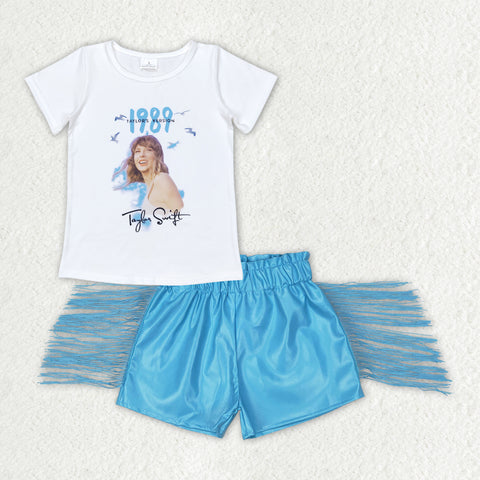GSSO0984  baby girl clothes 1989 singer toddler girl blue summer tassel leather pants outfits