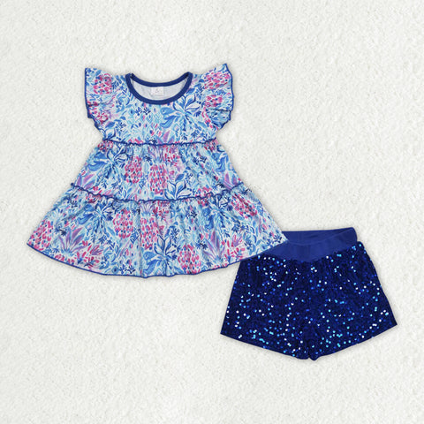 GSSO0994 baby girl clothes blue flower girl sequin shorts set