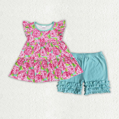 GSSO1173 baby girl clothes pink floral toddler girl summer outfit infant girl shorts set