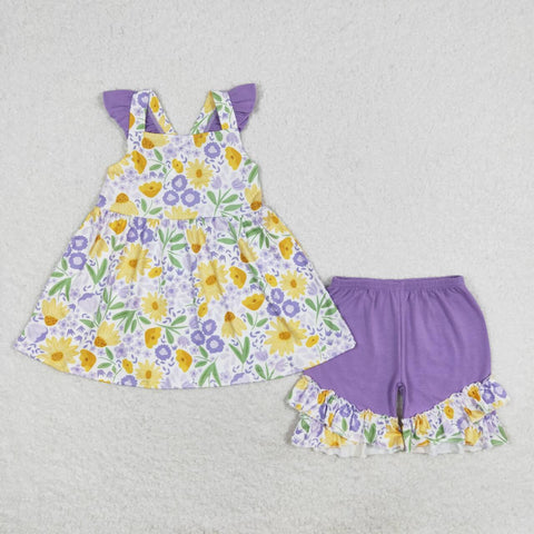 GSSO1177 baby girl clothes purple floral toddler girl summer outfit